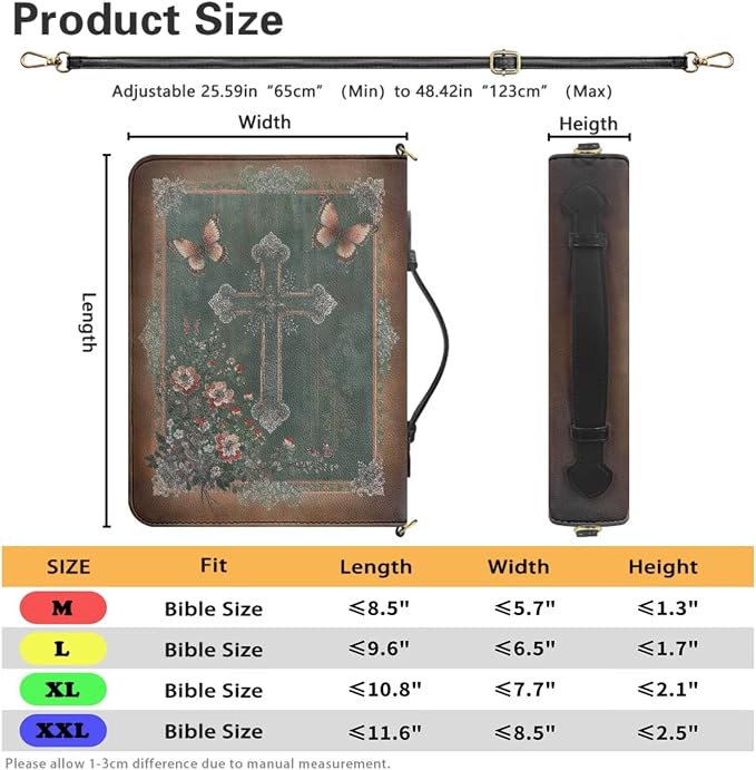 Bible Case for Women, Green Bible Case with Strap and Handle, Boho Crucifix Print Waterproof PU Leather Book Holder with Inner Pockets and Pen Loop, Biblia Accessories Women, XL