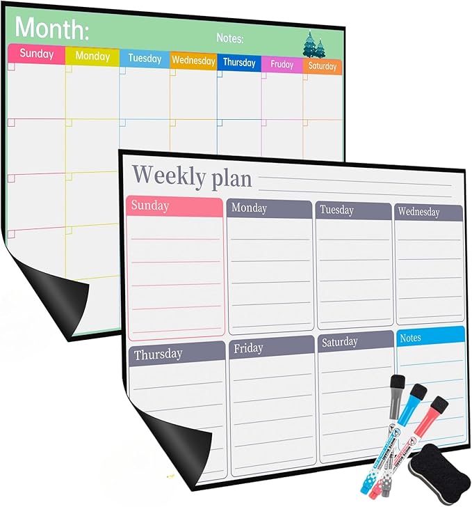 Magnetic Calendar Combo Set – 17x12” Magnetic Monthly & Weekly Dry Erase Calendar for Fridge, Family and Classroom Planning, Includes 3 Markers and Eraser