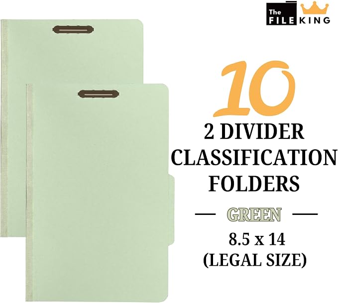 The File King Pressboard Classification Pale Green Partition File Folder | Legal Size - Box of 10 | Two Dividers | Six 2” Durable Fastener Prongs | 2/5 Cut Top Tab | 2” Expansion