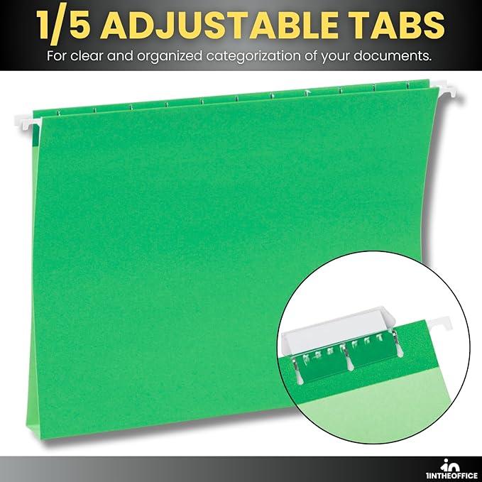 1InTheOffice Green Hanging File Folders, Letter Size Adjustable Tabs, 1/5 Tabs, 11 pt, 25 Pack