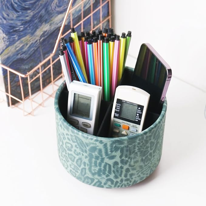 Round Leather Art Supply Organizer,Remote Control Holder,360 Degree Rotating,Multi-Functional Pencil Holder,4 Compartments Desktop Stationary Organizer(1-Leopard Green)
