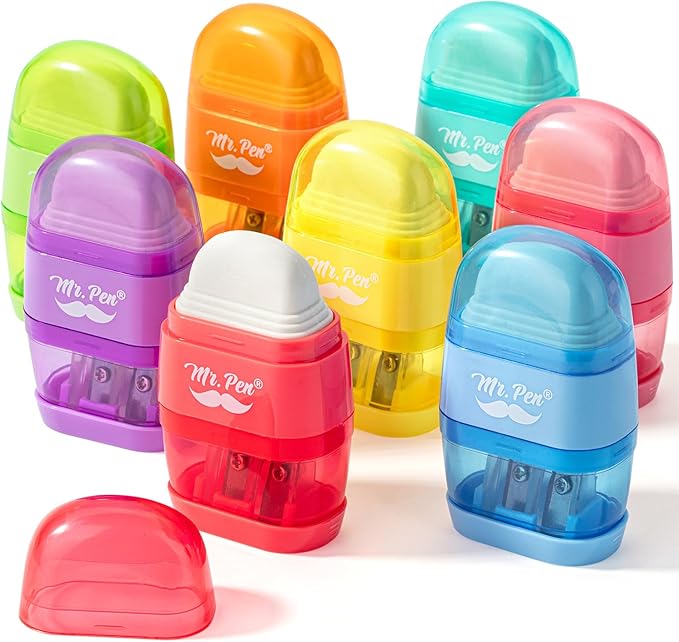 Mr. Pen- Pencil Sharpener & Eraser, 4 Pack, 2-in-1 Manual Sharpeners with Canister, 2 Sharpening Holes for Standard & Jumbo Pencils, Colorful Dual Hole Design for School, Office, Home, Kids