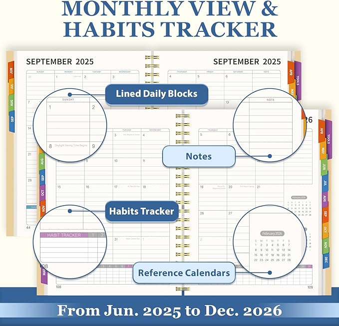 19 Months Planner, 2026 Weekly & Monthly Planner, 8.5"×11" Daily Weekly Monthly Calendar Planner, June 2025-Dec 2026 Organizers with Habit Tracker for School & Office, Colored Tabs, Stickers, Pocket, Ruler Bookmark-Beige