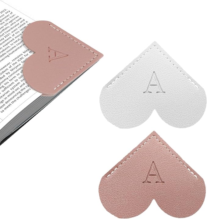 2Pcs Personalized Leather Heart Bookmark with Initial, 26 Letters Custom Corner Page Book Mark for Reading Women, Book Lovers, Teachers, Students, Cute Book Accessories Gifts(White+Pink, A)