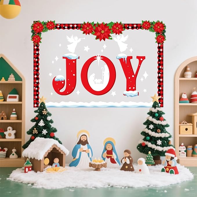 Funrous 45 Pcs Christmas Nativity Bulletin Board Decorations Set Xmas Christian Bulletin Board Advent Jesus Birth Cutouts with Borders for Christmas Religious Sunday School Classroom Church Wall Decor