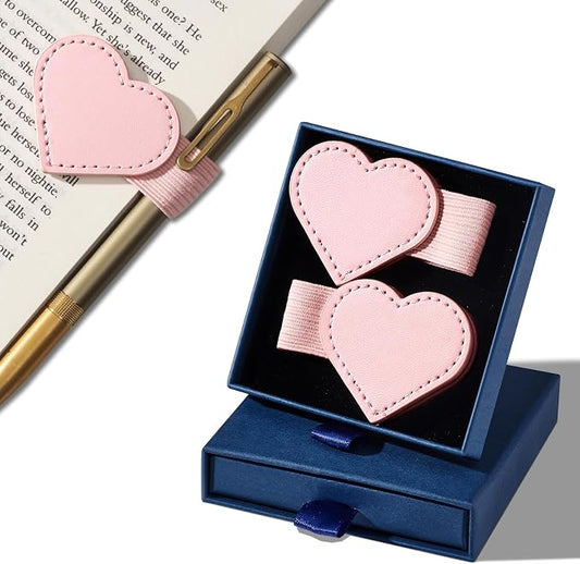 2Pcs Magnetic Leather Bookmarks with Gift Box Heart-Shaped Magnetic Pen Holder Book Marks Clip Gift for Book Lover Readers Cute Bookmark for Women, Pink