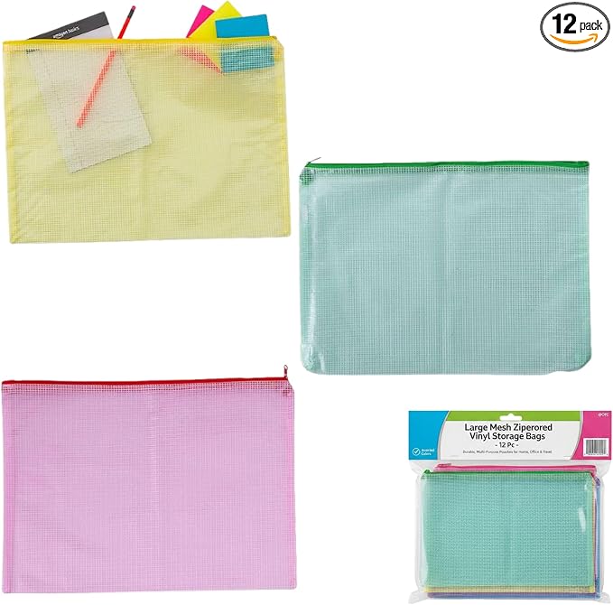 Fun Express 16 3/4" x 11 1/4" Large Mesh Zippered Vinyl Storage Bags - 12 Pieces