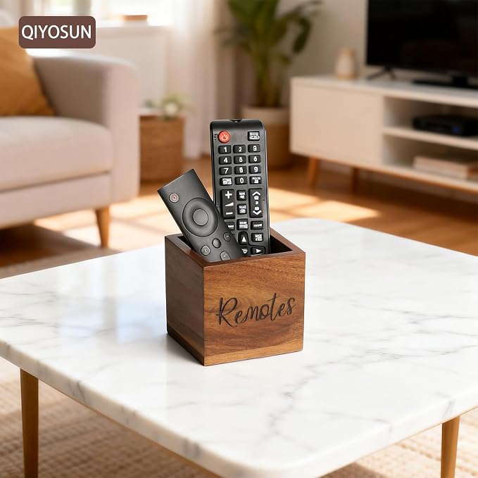 Remote Control Holder, Farmhouse Wood TV Organizer for Table, Wooden Remote Control Organizer, Remote Storage Caddy, Remote Control Organizer (Brown, 3.5 Inch Labeled Remote)