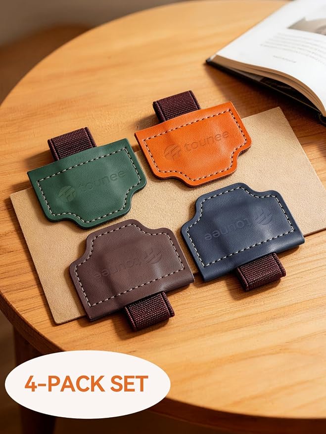 Tounee 4-Pack Magnetic Leather Bookmarks with Integrated Pen Holder, Essential Reading Accessories for Book Lovers & Avid Readers, Slim Page Markers for Bible Study, Journaling & Planners