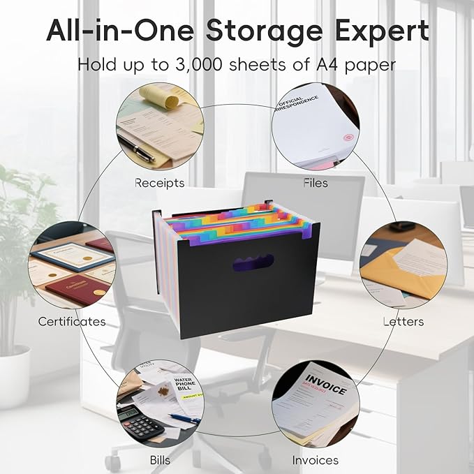 File Organizer Box with 25-Pocket Accordion Folder, File Folder & Protective Lid - Document Storage for Home, Office, School, Khaki