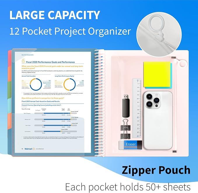 12 Pocket Project Organizer, 6 Colors Multi Pocket Folder Binder with Dividers, Spiral Pocket Notebook with Zipper Pouch, Office Organizer File Folders, Letter Size, School Supplies, White