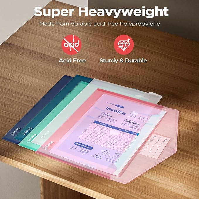 Sooez 5 Pack Plastic Envelopes, Plastic File Folders, Clear Folders for Documents Trendy Colors, Super Heavyweight Document Holders, Storage Pouches, File Envelopes for School Office Supplies