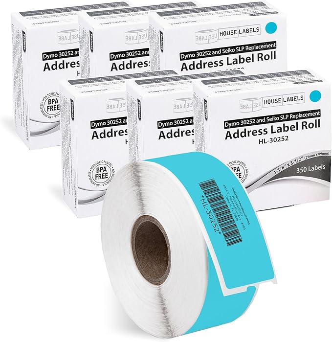HOUSELABELS Compatible DYMO 30252 Blue Address Labels (1-1/8" x 3-1/2"), Strong Permanent Adhesive, Compatible with DYMO LW 450, 4XL, Rollo & Zebra Desktop Printers, 6 Rolls /2100 Labels