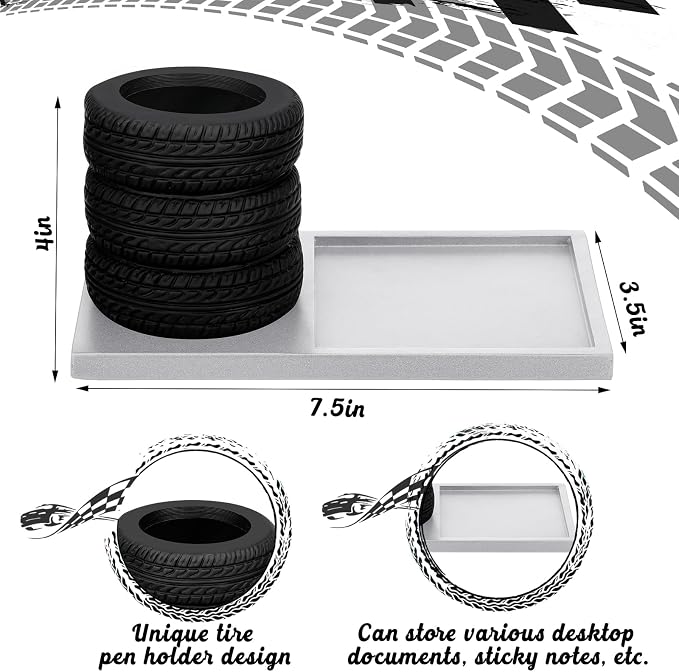 Fullhawl Tire Shaped Pen Holder with Sticky Notes Holder Set Tool Planter Pencil Storage Holder Desk Organizer Home Office Supplies Gift for Mechanics Car Lovers