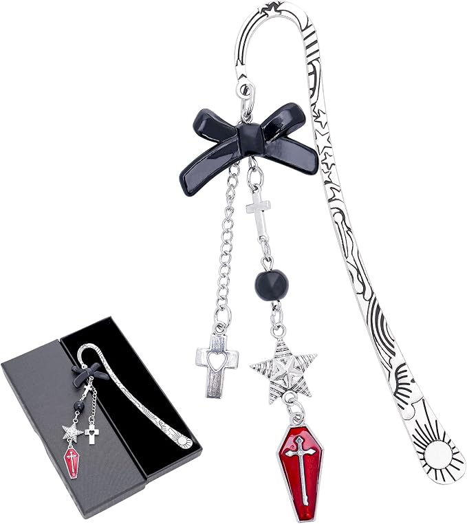 Charm Gothic Bookmark Gifts - Fantasy Unique Dark Aesthetic Silver Chain Tassel Metal Book Mark Black Bow Cross Star Personalized Bookmarks Reading Women Girls Readers Birthday Valentines