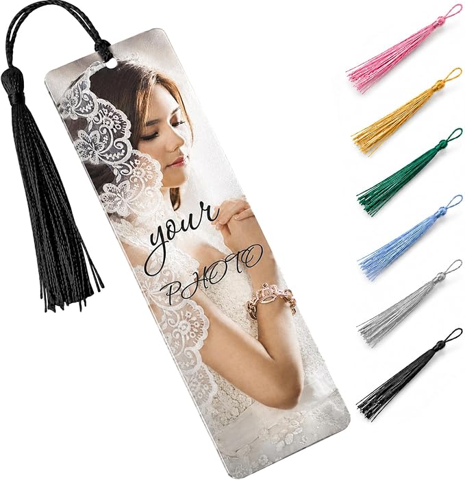 Personalized Photo Bookmark with Text, Custom Metal Page Marker with Tassel, Double Sided Aluminum Alloy Gift for Women Men Teachers Students and Book Lovers (1 Photo)