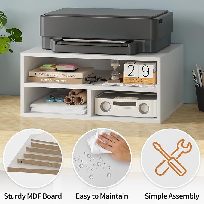 Desktop Printer Table with Storage, 2 Tier Printer Stand for Desk, Desk Organizers and Accessories for Home Office, White