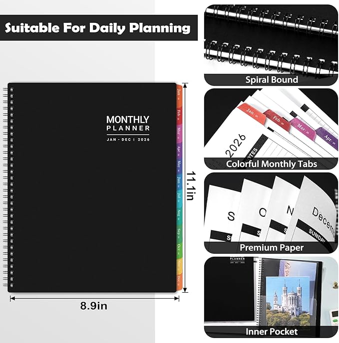 2026 Monthly Planner - Jan 2026 - Dec 2026, 9" x 11", 12 Months Planner Calendar 2026, Colorful Monthly Tabs, Suitable for School & Work