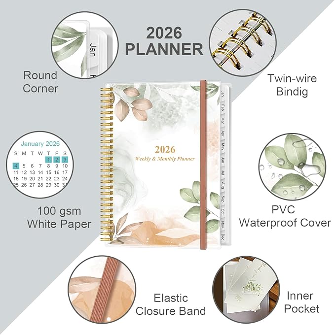 2026 Planner - Planner 2026 from January 2026 to December 2026 with 12 Monthly Tabs, Flexible Cover, Inner Pocket, 8.5" x 11", Rose Leaf