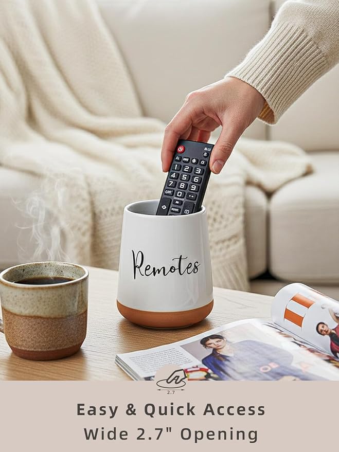 LEETOYI Ceramic Bedside Remote Caddy, 4.1" Remote Control Holder for Makeup Brushes & Office Supplies, Farmhouse Remote Organizer for Table, Living Room, Bedroom & Office