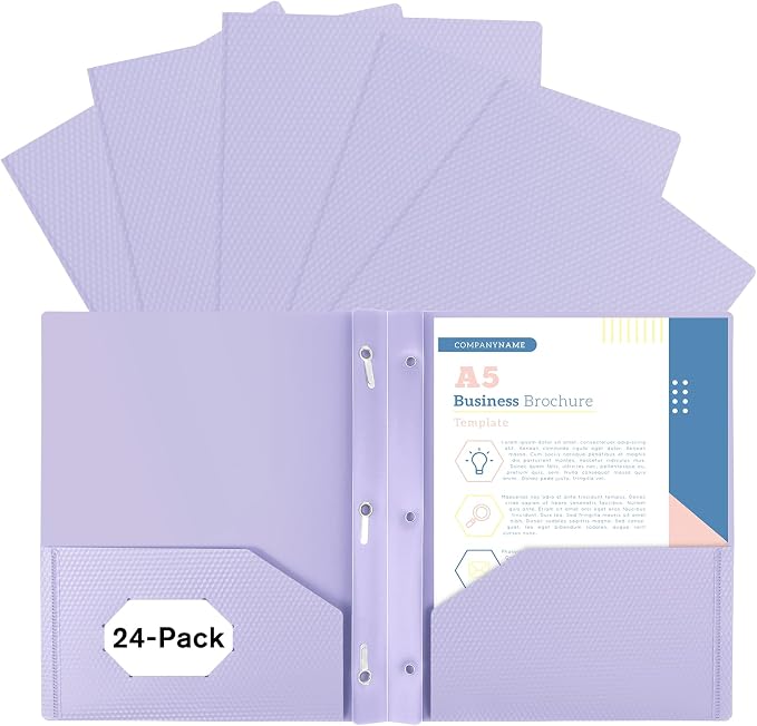24-Pack Plastic andPockets and Prongs,2-Pocket and3 Fasteners, Pastel Folders Holds 8-1/2" x 11" Paper for School/Office/Home, Purple