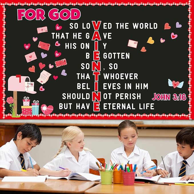 Valentine's Day Jesus Religious Bulletin Board Christian Classroom Decorations February Valentines Letter Heart Mailbox Cutouts Sunday School Bulletin Board Border for Kids School Home Door Decor