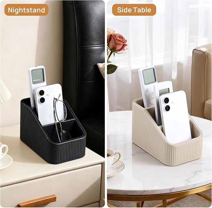 Remote Control Holder, PU Leather Nightstand Organizer Bedside Caddy with 3 Compartments, Small Desk Organizer for Remote/Pen/Glasses/Phone (Beige)