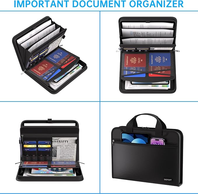 ENGPOW Document Organizer Folder, Fireproof Expanding File Folder with Multi Pockets, 3 Pockets File Organizer with Handle, Portable Home Travel Safe Storage for Important Documents, Passport, Laptop