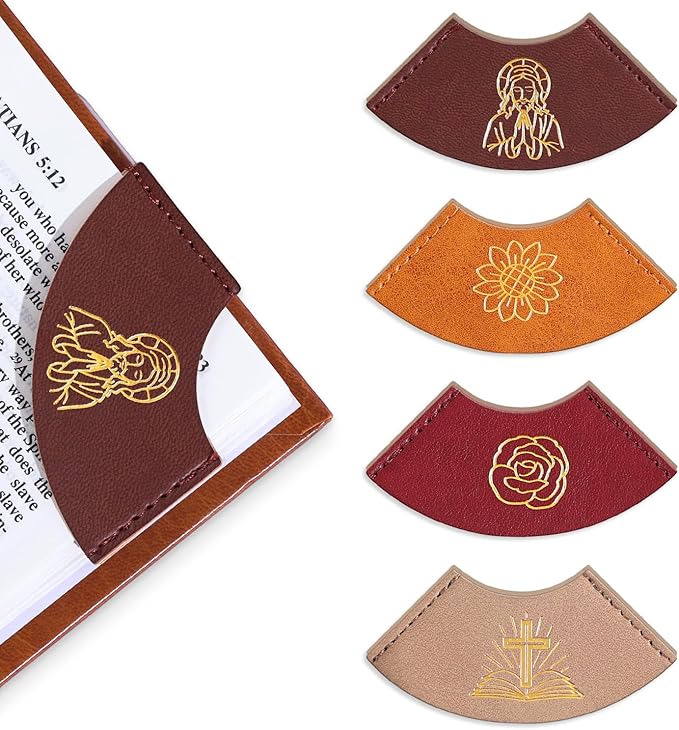 4 PCS Vintage Leather Bookmarks, Bible Bookmarks with Gold Stamping, Christian Book Mark Gift for Bible Study & Journaling, Cute Page Markers for Book Lovers Women Girls