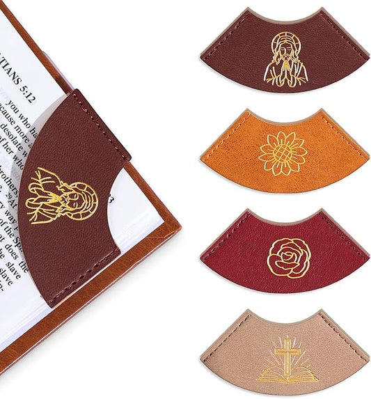 4 PCS Vintage Leather Bookmarks, Bible Bookmarks with Gold Stamping, Christian Book Mark Gift for Bible Study & Journaling, Cute Page Markers for Book Lovers Women Girls