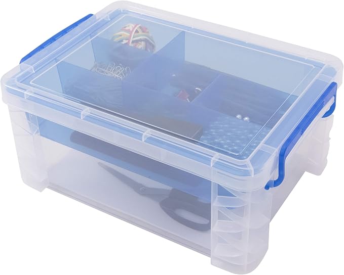 Advantus Super Stacker Divided Storage Box, 6 Sections, 6.5" x 10.3" x 14.3", Clear/Blue
