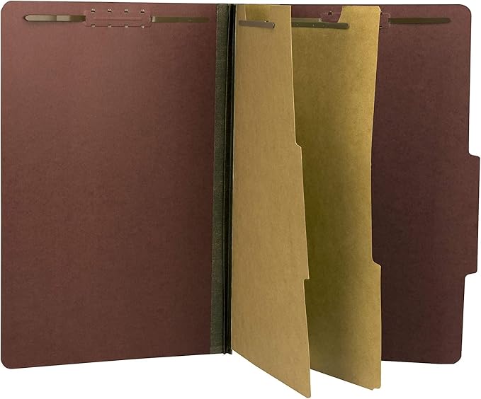 The File King Two Divider Legal Size Pressboard Classification File Folder - Brick Red | Made in America | Box of 10 | Top Tab | 2” Expansion | Durable 2-Inch Fastener Prongs