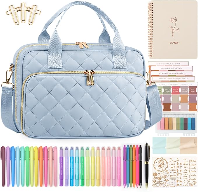 All-in-One Bible Journaling Kit – Quilted Bible Cover Case for Women, 31 Highlighters, 75 Tabs, Bible Study Supplies & Christian Gift for Women and Teens (Shoulder Strap, Grayishi Blue)