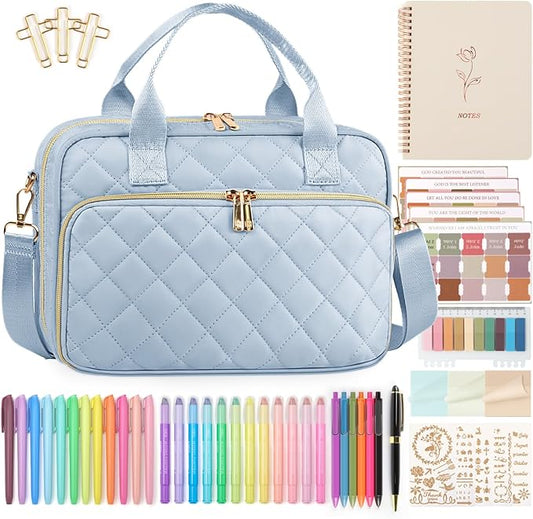 All-in-One Bible Journaling Kit – Quilted Bible Cover Case for Women, 31 Highlighters, 75 Tabs, Bible Study Supplies & Christian Gift for Women and Teens (Shoulder Strap, Grayishi Blue)