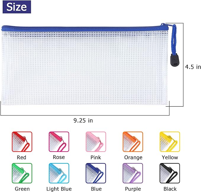 Tamaki 10 Pack Mesh Zipper Pouch Document Waterproof Zip File Bags Plastic Pencil Pouches A6 Size for Classroom Organization School Office Supplies(Colorful)