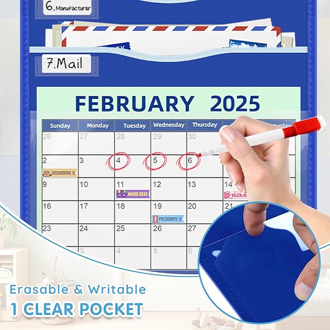 ALSLEA 15" Extra Wide Hanging File Organizer with 8 Pockets - Heavy Duty Classroom Pocket Chart, Wall Mounted Document Organizer with Writable Clear Pocket, 5 Wall/ Door Hooks & 12 Labels (Blue)