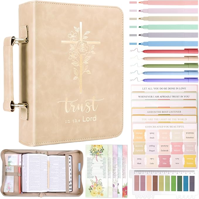 XKDOUS Bible Cover Case for Women, Leather Bible Bags with Study Supplies Journaling Kit, Gold Foiled Carrying Case Large Church Book Holder with Handle, Christian Gifts for Lady