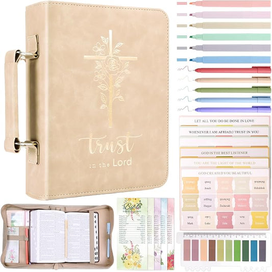 XKDOUS Bible Cover Case for Women, Leather Bible Bags with Study Supplies Journaling Kit, Gold Foiled Carrying Case Large Church Book Holder with Handle Christian Gifts for Mom Lady Men