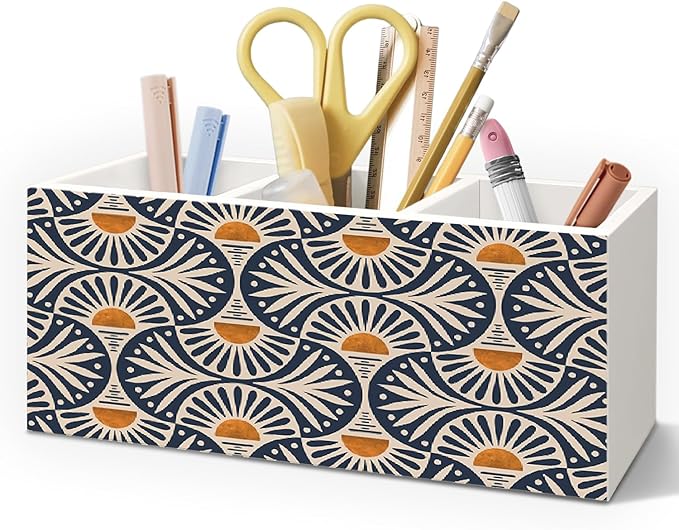 Vintage Boho Wooden Pen Pencil Holder for Desk Accessories, Boho Office Decor, Retro Abstract Sun Sunset Wood Makeup Brush Toothbrush Holder Organizer for Vanity Bathroom
