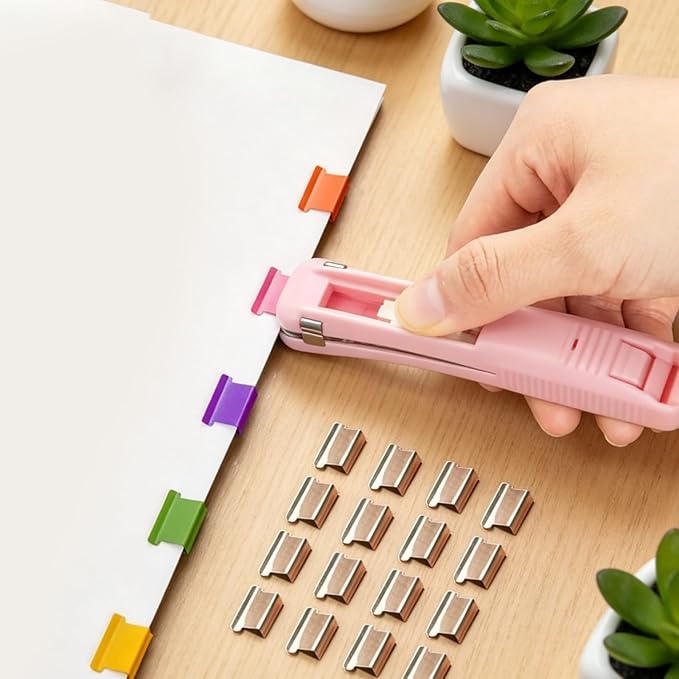 Portable Binder Clip Stapler, Includes 150 Reusable Clips, Push Clip Staplers, Mini Push Stapler Clamp Staplers for Desktop Document Home School Desk Office (M#)
