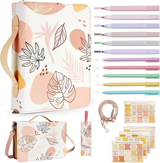 19PCS Leaves Design Leather Bible Cover for Women Boho Bible Cover Cases for Teen Girls Christmas Gift Christian Church Carrying Bag Journaling Kit with Shoulder Strap Highlighter Pens Book Marker