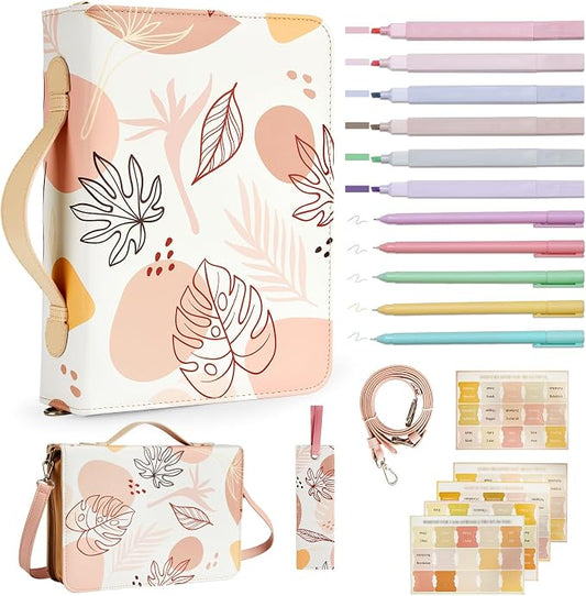 19PCS Leaves Design Leather Bible Cover for Women Boho Bible Cover Cases for Teen Girls Christmas Gift Christian Church Carrying Bag Journaling Kit with Shoulder Strap Highlighter Pens Book Marker