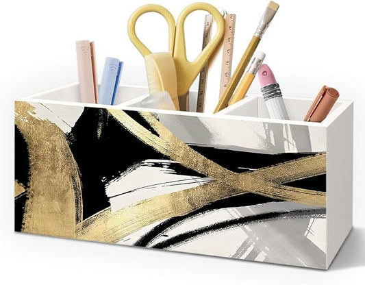 Black White and Gold Pen Pencil Holder for Boho Modern Desk Decor, Abstract Black and Gold Mid Century Modern Wooden Box Decorative Sign for Home Office Desk Tabletop Decor