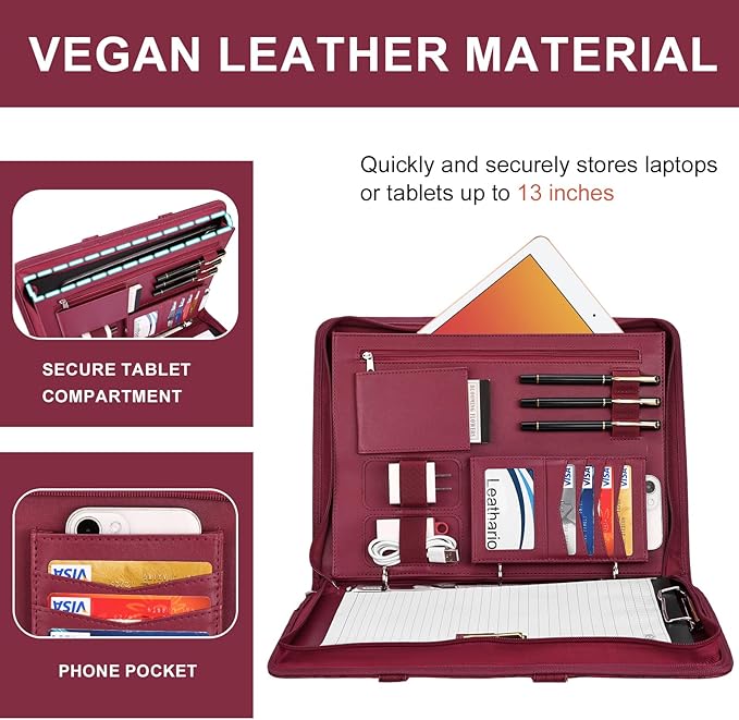 Leathario Portfolio Binder, Includes 5 Folder Index Dividers, 13 Inch Tablets Organizer with Handle, Vegan Leather A4 Padfolio, Multi-Pocket Notepad Business Planner Professional Document