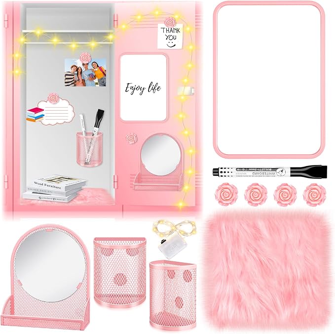 8 Pcs Locker Accessories Kit, Back to School Essentials, Pink Magnetic Mirror, Magnetic Pen Holders, Cute Flower Magnets, Pink Locker Decorations for School Locker Organizing Supplies