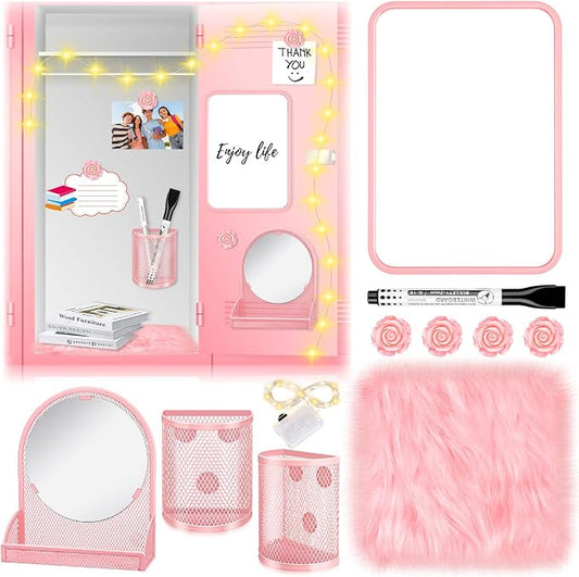 8 Pcs Locker Accessories Kit, Back to School Essentials, Pink Magnetic Mirror, Magnetic Pen Holders, Cute Flower Magnets, Pink Locker Decorations for School Locker Organizing Supplies