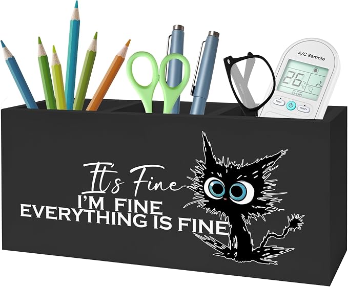 Funny Cute Black Cat Pencil Pen Holder for Desk, I'm Fine Everything Is Fine Wooden Pencil Holder Organizer for Home Office Desk Accessories, Funny Office Gifts for Coworkers, funny cat gifts