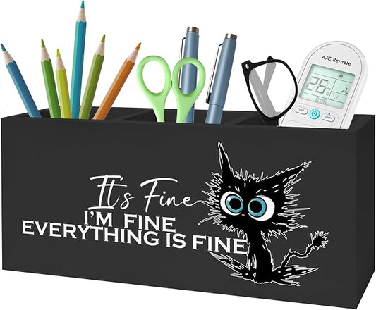 Funny Cute Black Cat Pencil Pen Holder for Desk, I'm Fine Everything Is Fine Wooden Pencil Holder Organizer for Home Office Desk Accessories, Funny Office Gifts for Coworkers, funny cat gifts