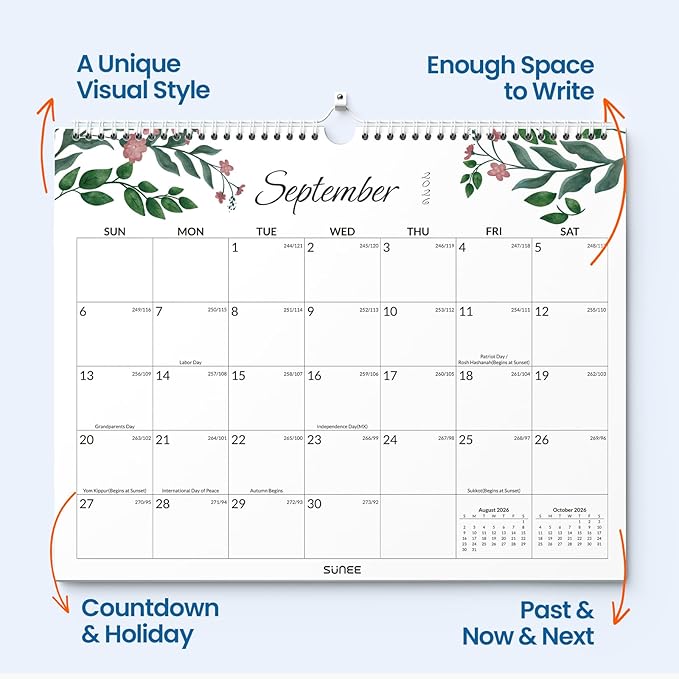 SUNEE Wall Calendar 2026-2027 18 Months Jul. 2026 - Dec. 2027, 14.5"x11.5" Big Grid Hanging Calendar with Note for Organizing & Planning, Monthly Calendar 2026-2027 with Last Month and Next Month, Greenery