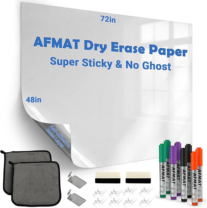AFMAT White Board Dry Erase Paper, 72" x 48" Large Whiteboard Wallpaper, with 8 Markers, Stain-Proof & Super Sticky, No Ghost, 6' x 4' Peel and Stick Dry Erase Board Paper Roll for Wall/Home/Office